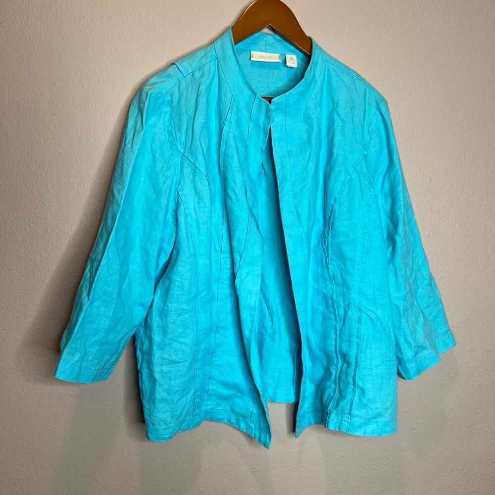 Chico's linen open-front jacket turquoise mandarin collar three-quarter sleeves